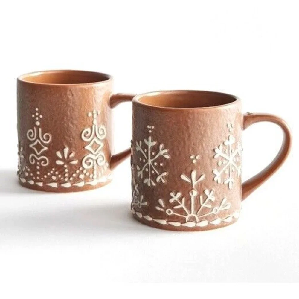 Pottery Barn Set of 2 Iced Gingerbread Brown Mugs 11oz Stoneware NIB Christmas